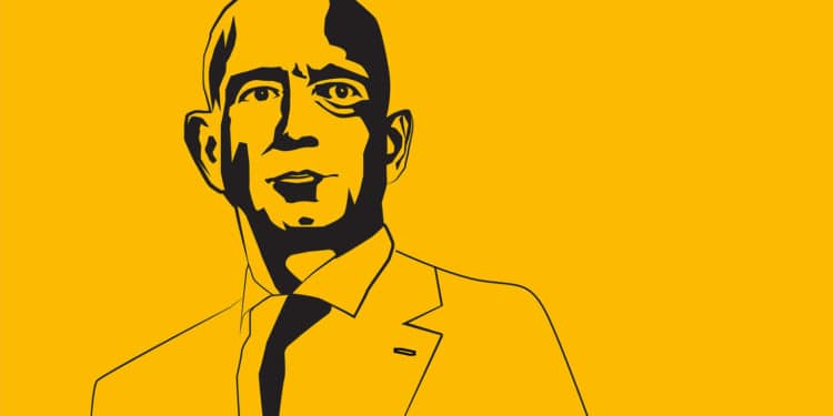 Jul, 2019: The famous entrepreneur, founder and the richest man Jeff Bezos vector portrait on a blue background. - Vector illustration