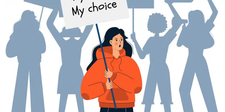 A young girl in a hoodie holds a sign with the words My body my choice. Silhouettes of protestors. Abortion rights activist. Protest against the abortion ban. Fighting for womens rights. Vector