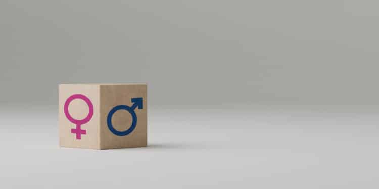 Gender difference, identity and equality concept. Male and female gender symbols on wooden cube. Male and female icon symbols on wooden block on grey background