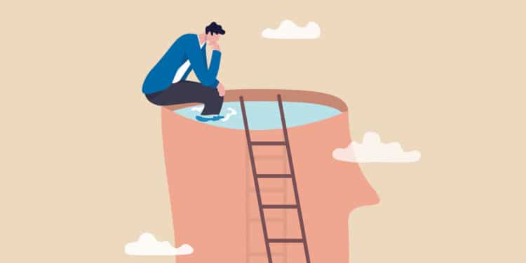 Psychology, mindset or thinking process, thought or imagination, wisdom or intelligence brain, solving problem or mental and emotional concept, contemplation thinking man climbing to sit on his brain.