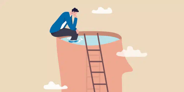 Psychology, mindset or thinking process, thought or imagination, wisdom or intelligence brain, solving problem or mental and emotional concept, contemplation thinking man climbing to sit on his brain.